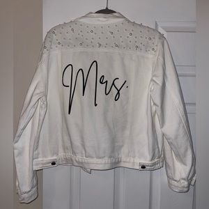 Mrs white denim jacket with white pearl accents